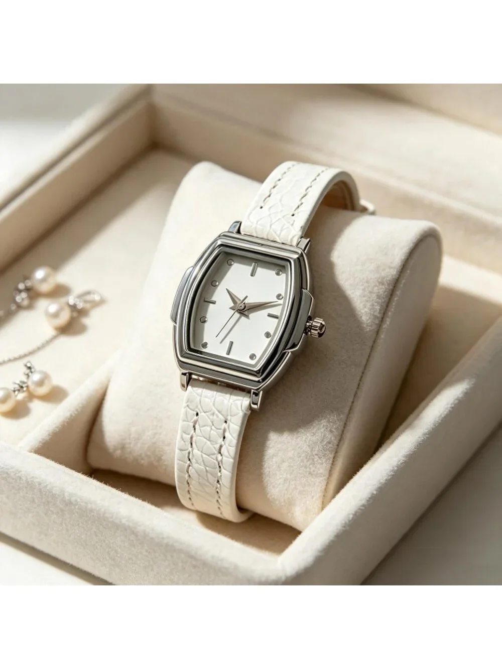 Women's White Rectangular Case Metal Case Simple Dial Leather Strap Wrist Watch